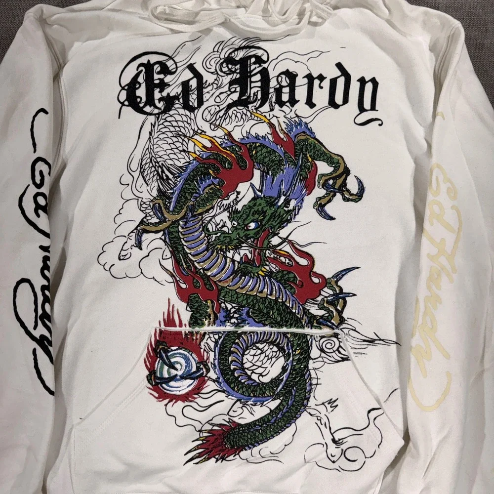 Ed Hardy Graphic Hoodie Mens Large White Excellent Dragon Tattoo Y2K Streetwear